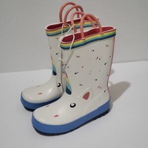 Kids Unicorn Rain Boots in Cream with Rainbow Trim size 9